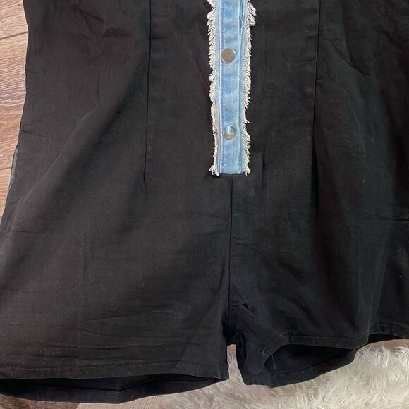 NWT LORAGAL Womens Denim Distressed Romper Shorts 3XL Black Blue Cosmic Cowgirl - Picture 4 of 7